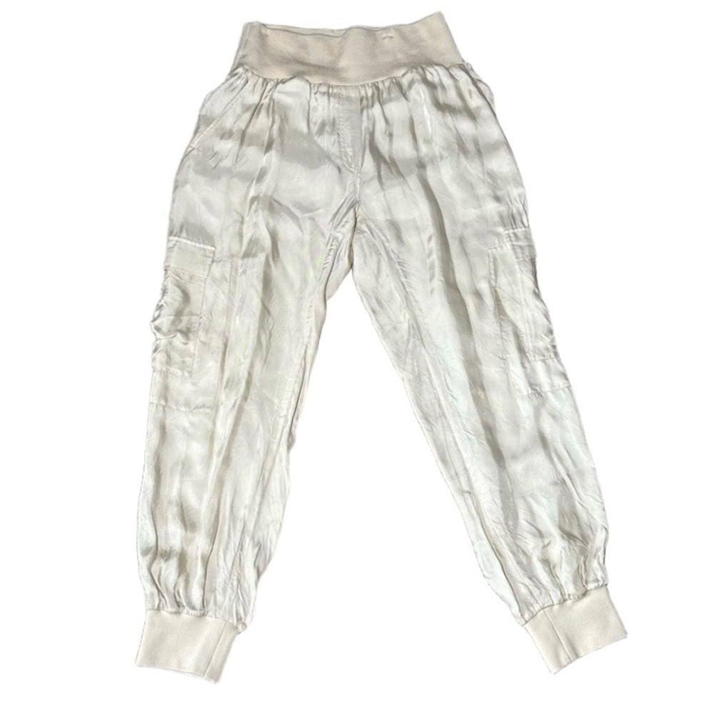 Cinq à Sept Womens Size M Cream Beige Satin Cargo Joggers Elastic Waist Chic